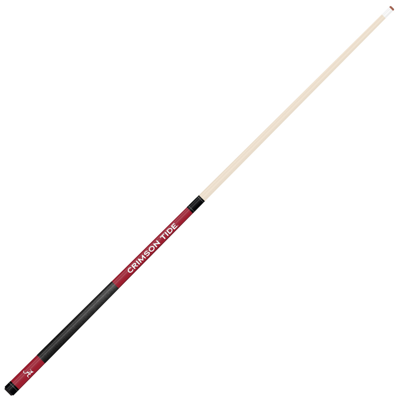 Angled full-length view of the Alabama Crimson Tide 19oz Team Color Laser Etched 58" Cue, highlighting its natural-colored shaft, crimson team graphics, black grip, and two-piece construction.