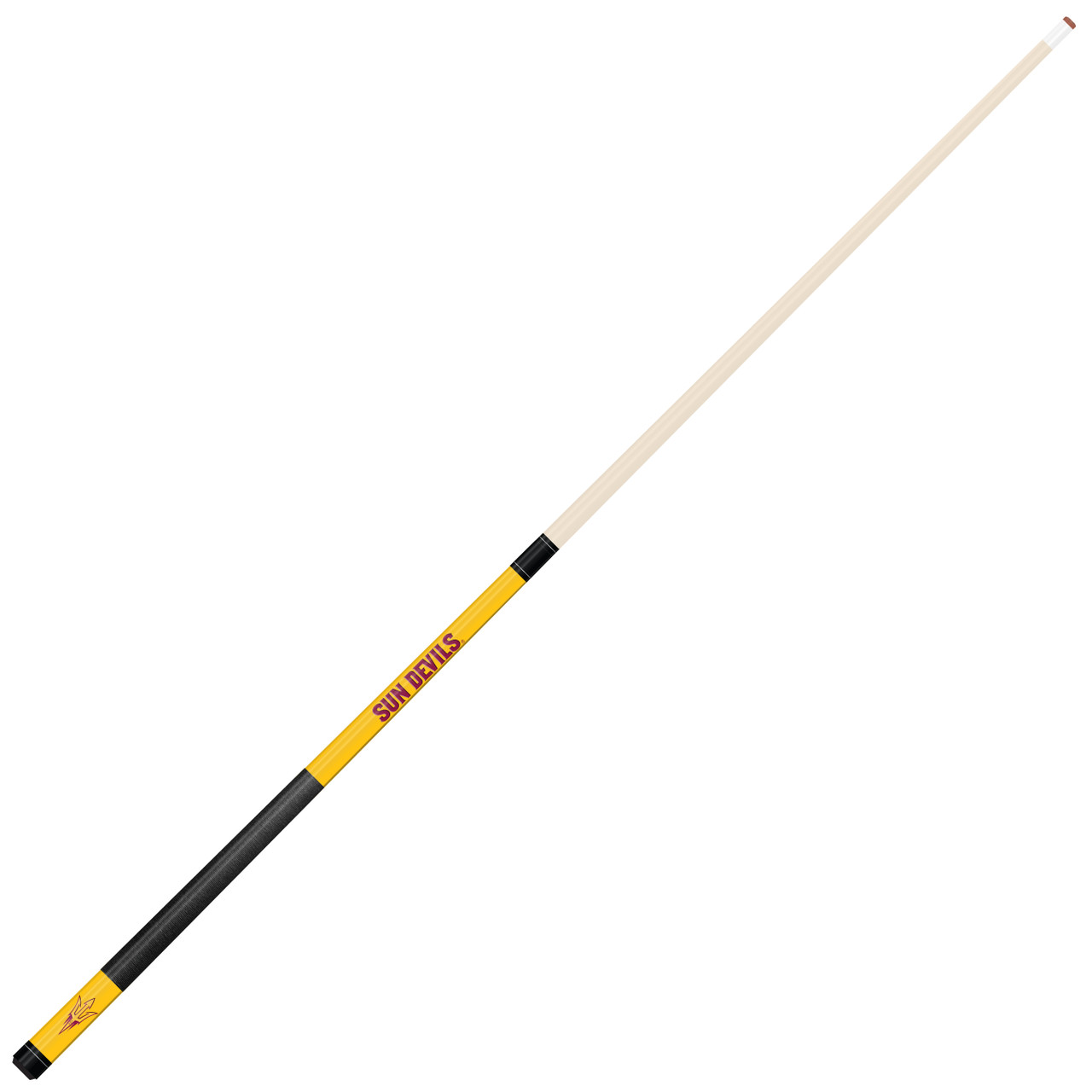 Angled full-length view of the Arizona State Sun Devils 19oz Team Color Laser Etched 58" Cue, highlighting its natural-colored shaft, gold team graphics, black grip, and two-piece construction.