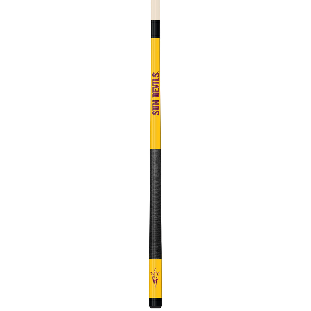 Full-length vertical view of the Arizona State Sun Devils 19oz Team Color Laser Etched 58" Cue, showing its gold team-color butt, black grip, natural-colored shaft, and Arizona State graphics.