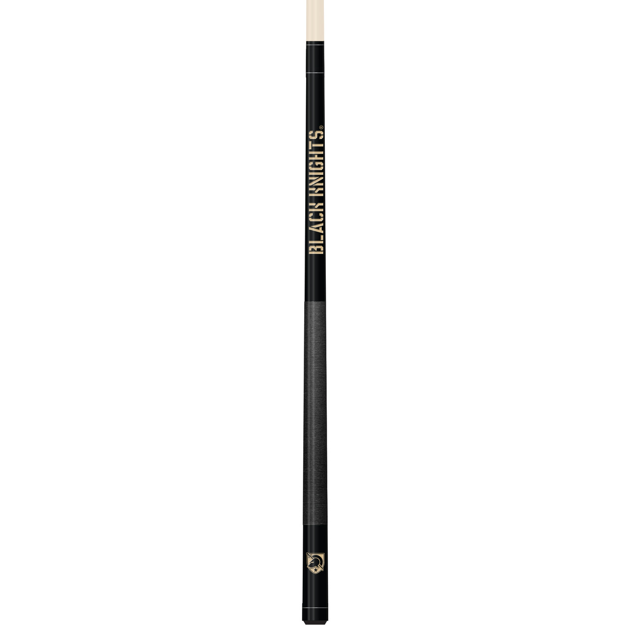Full-length vertical view of the Army Black Knights 19oz Team Color Laser Etched 58" Cue, showing its black team-color butt, gold accents, natural-colored shaft, and Army graphics.