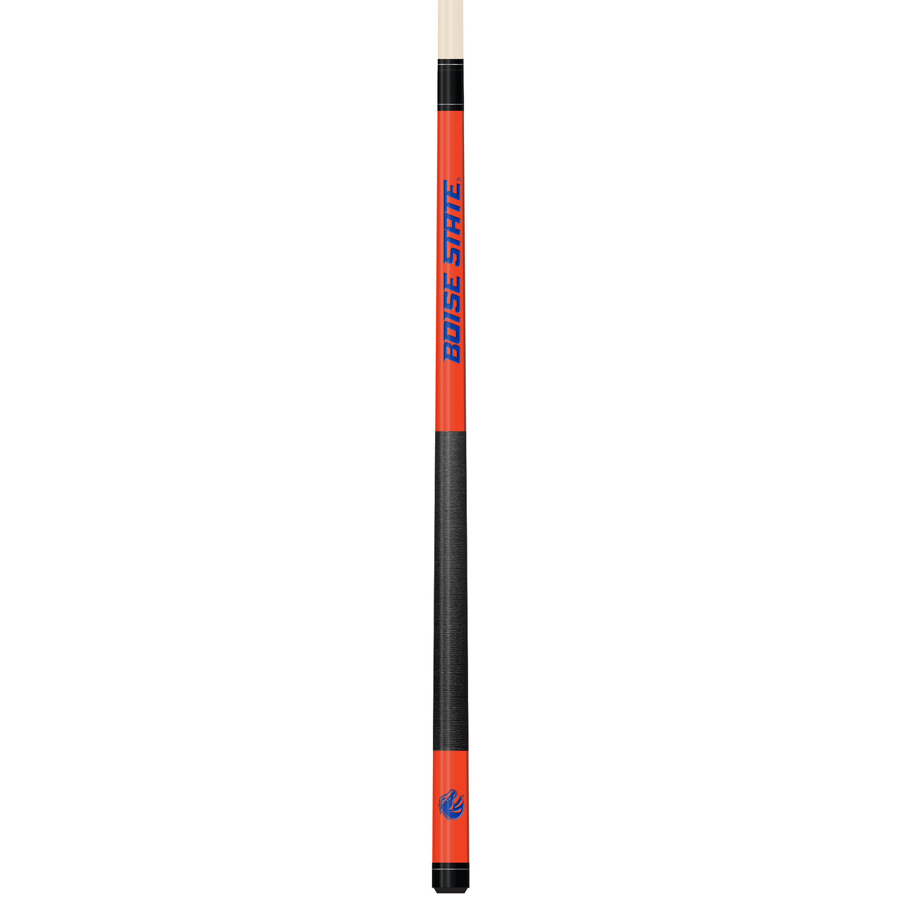 Vertical product view of the Boise State Broncos 19oz Team Color Laser Etched 58" Cue, showing its blue and orange team-color detailing, black grip section, and laser-etched Boise State graphics.