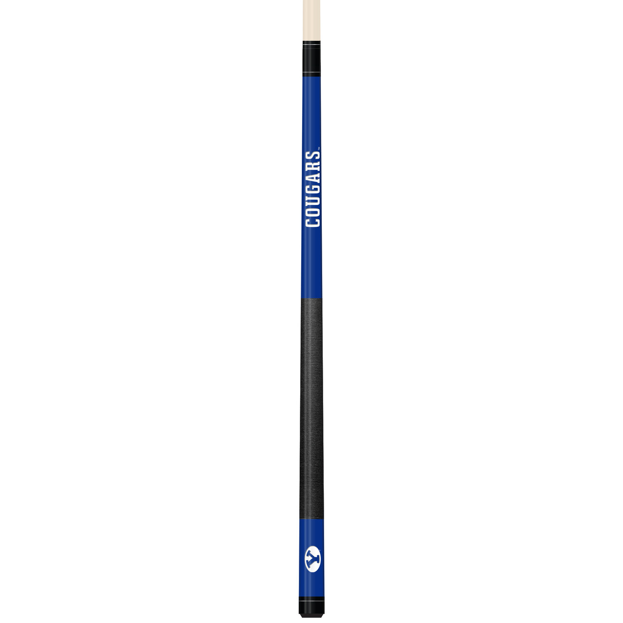 Vertical product view of the BYU Cougars 19oz Team Color Laser Etched 58" Cue, showing its royal blue team-color detailing, black grip section, and laser-etched BYU graphics.