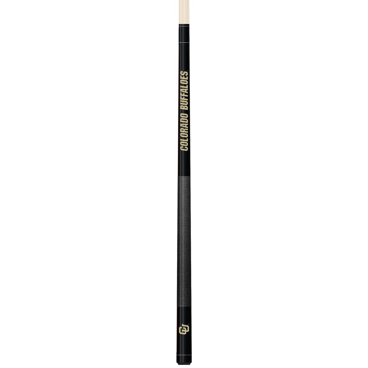 Vertical product view of the Colorado Buffaloes 19oz Team Color Laser Etched 58" Cue, showing its black team-color finish, gold detailing, and laser-etched Colorado graphics.
