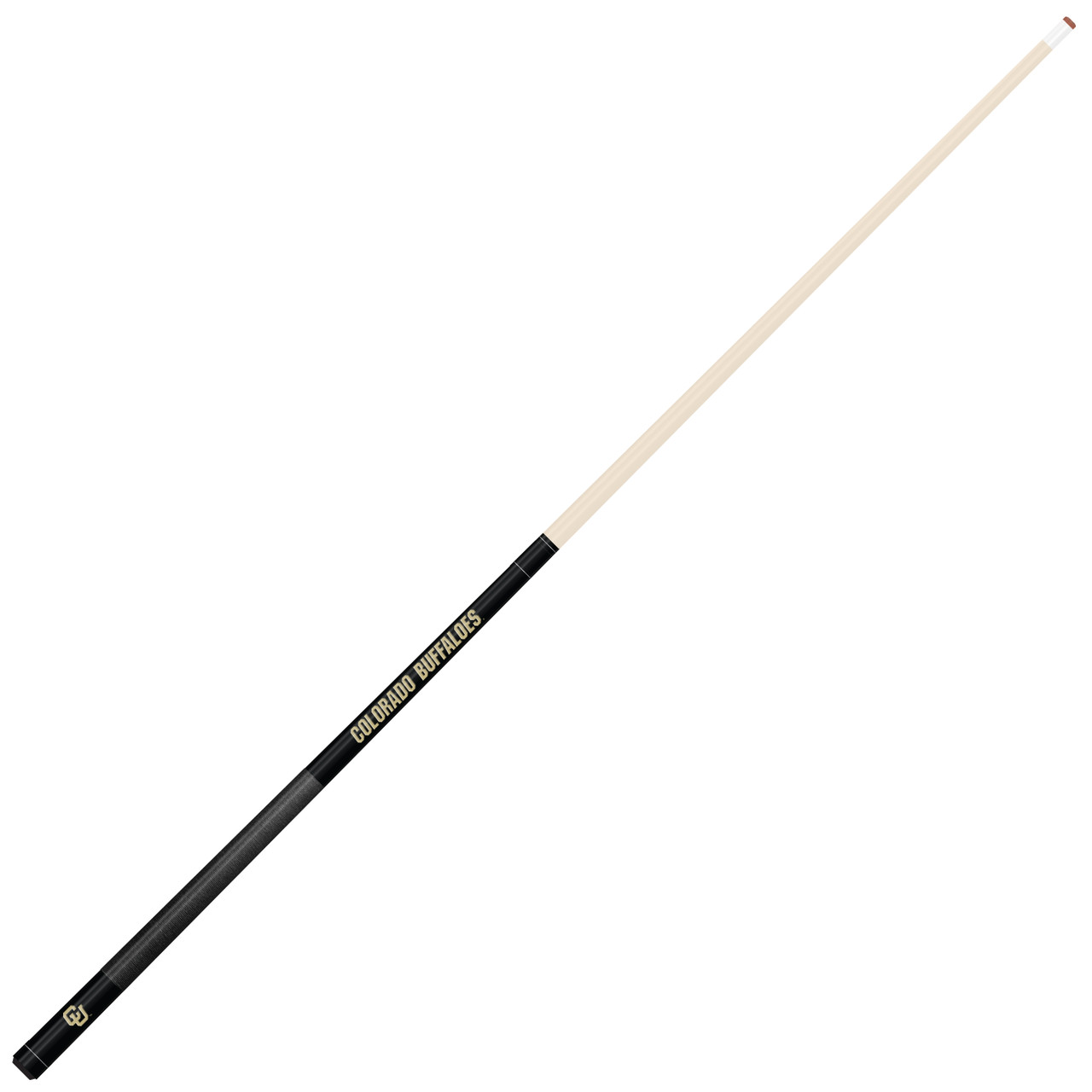Angled full-length view of the Colorado Buffaloes 19oz Team Color Laser Etched 58" Cue, highlighting its natural-colored shaft, black and gold design, and two-piece construction.