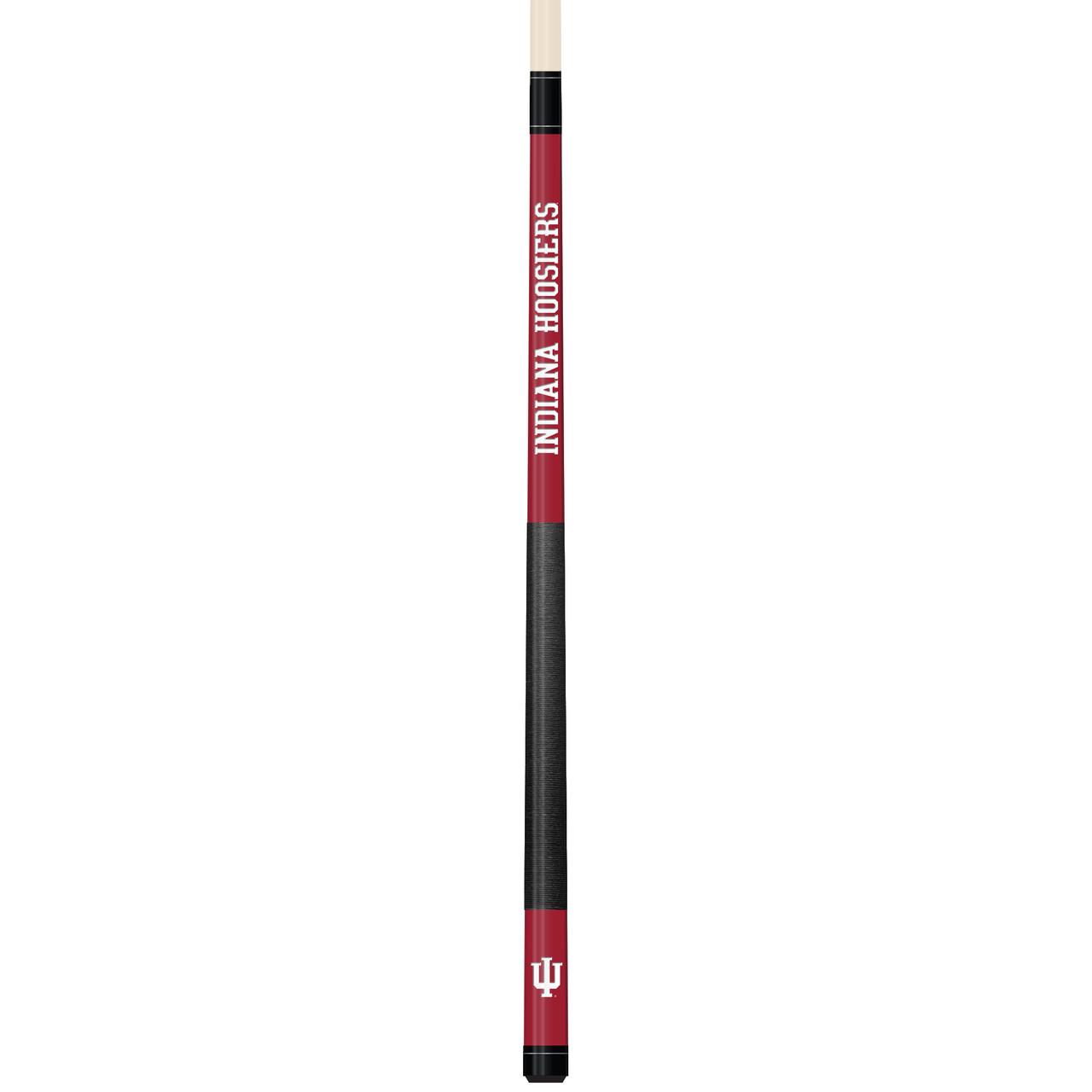 Vertical product view of the Indiana Hoosiers 19oz Team Color Laser Etched 58" Cue, showing its crimson team-color detailing, dark grip section, and laser-etched Indiana graphics.