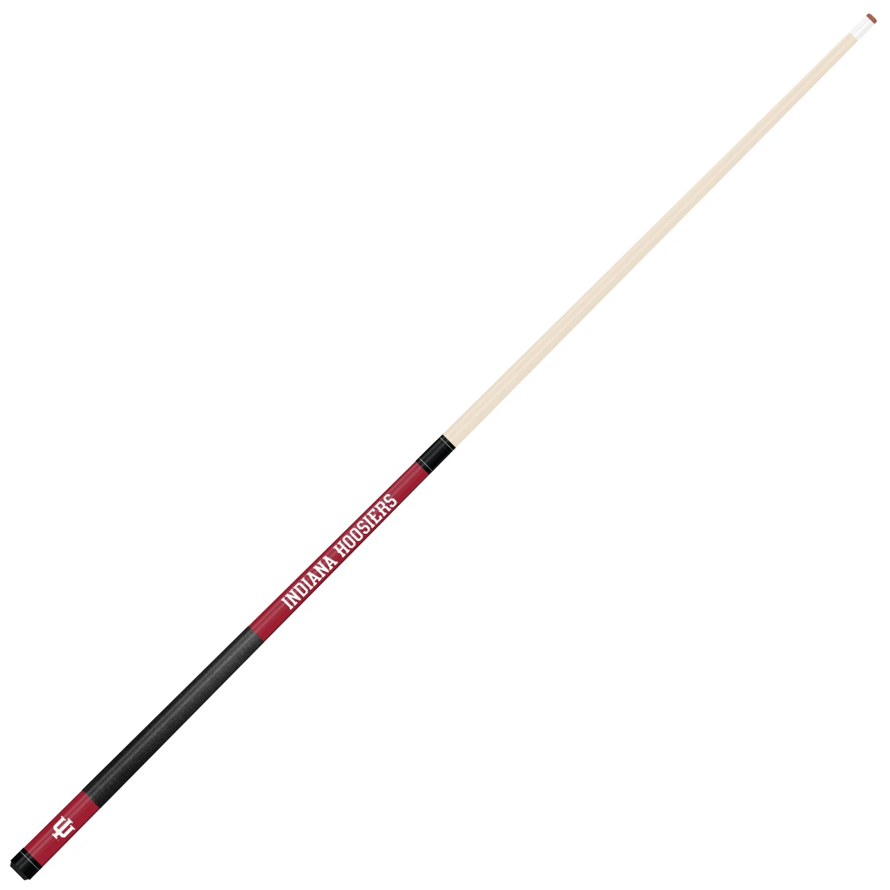 Angled full-length view of the Indiana Hoosiers 19oz Team Color Laser Etched 58" Cue, highlighting its natural-colored shaft, crimson accents, dark grip, and two-piece construction.