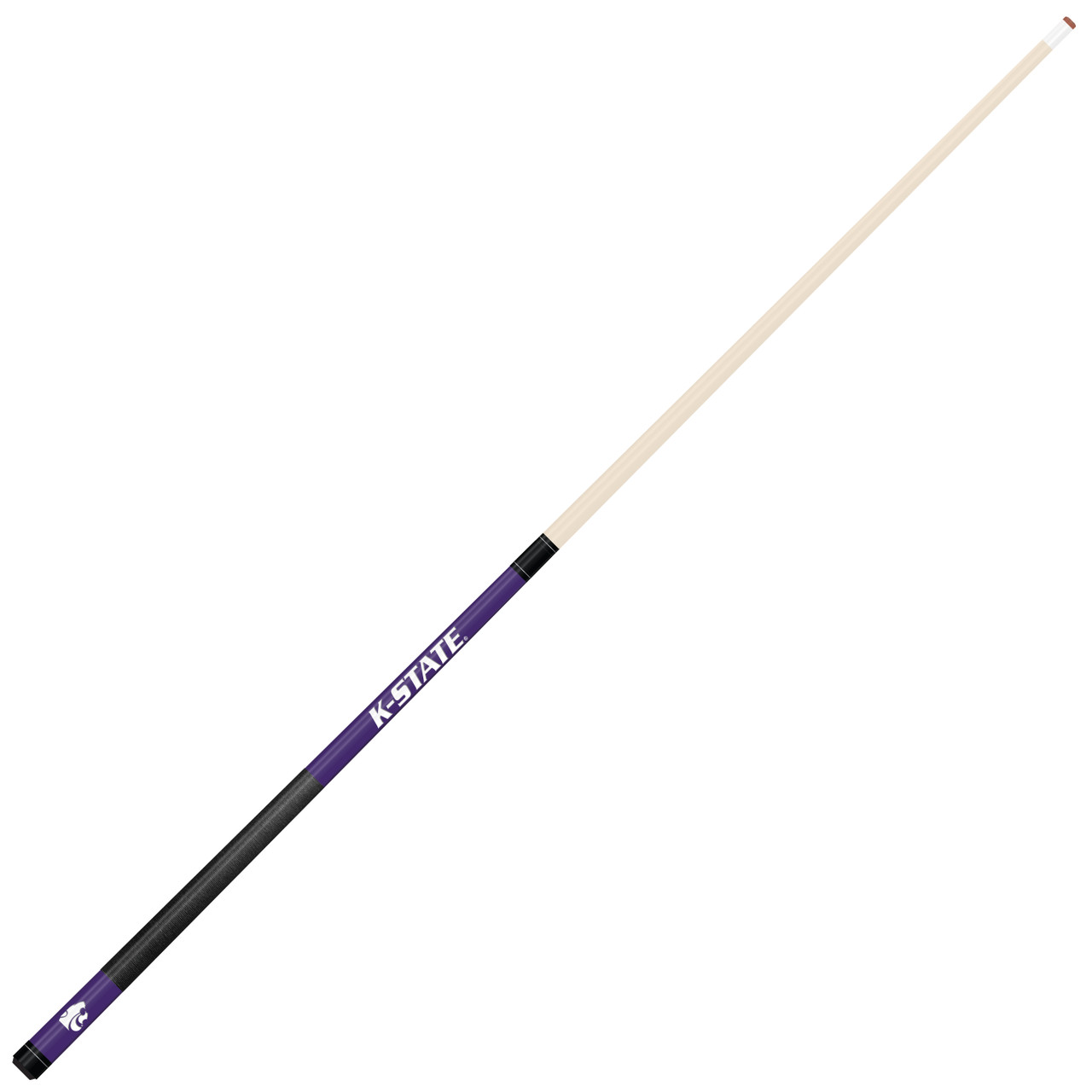 Angled full-length view of the Kansas State Wildcats 19oz Team Color Laser Etched 58" Cue, highlighting its natural-colored shaft, purple accents, dark grip, and two-piece construction.