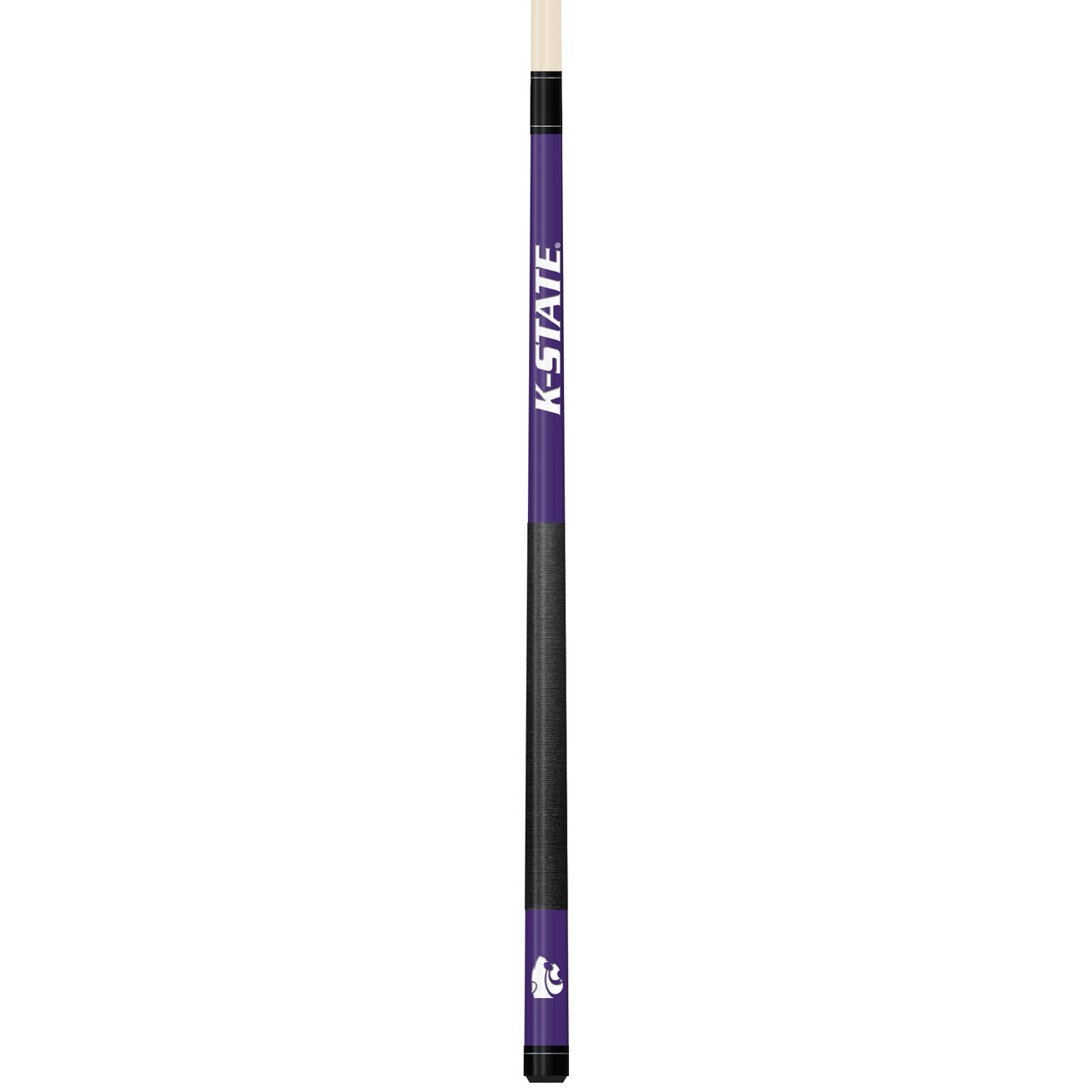 Vertical product view of the Kansas State Wildcats 19oz Team Color Laser Etched 58" Cue, showing its purple team-color detailing, dark grip section, and laser-etched Kansas State graphics.
