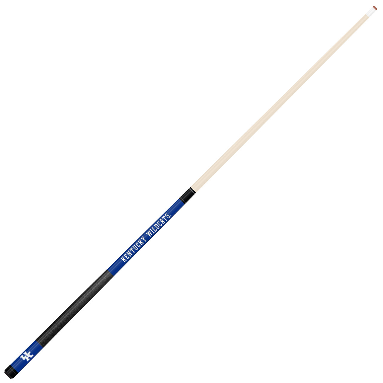 Angled full-length view of the Kentucky Wildcats 19oz Team Color Laser Etched 58" Cue, highlighting its natural-colored shaft, blue accents, black grip, and two-piece construction.
