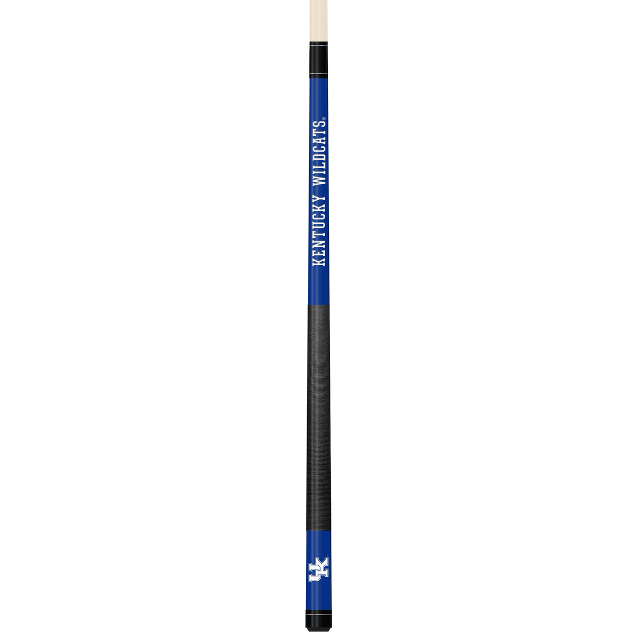 Vertical product view of the Kentucky Wildcats 19oz Team Color Laser Etched 58" Cue, showing its blue team-color detailing, black grip section, and laser-etched Kentucky graphics.