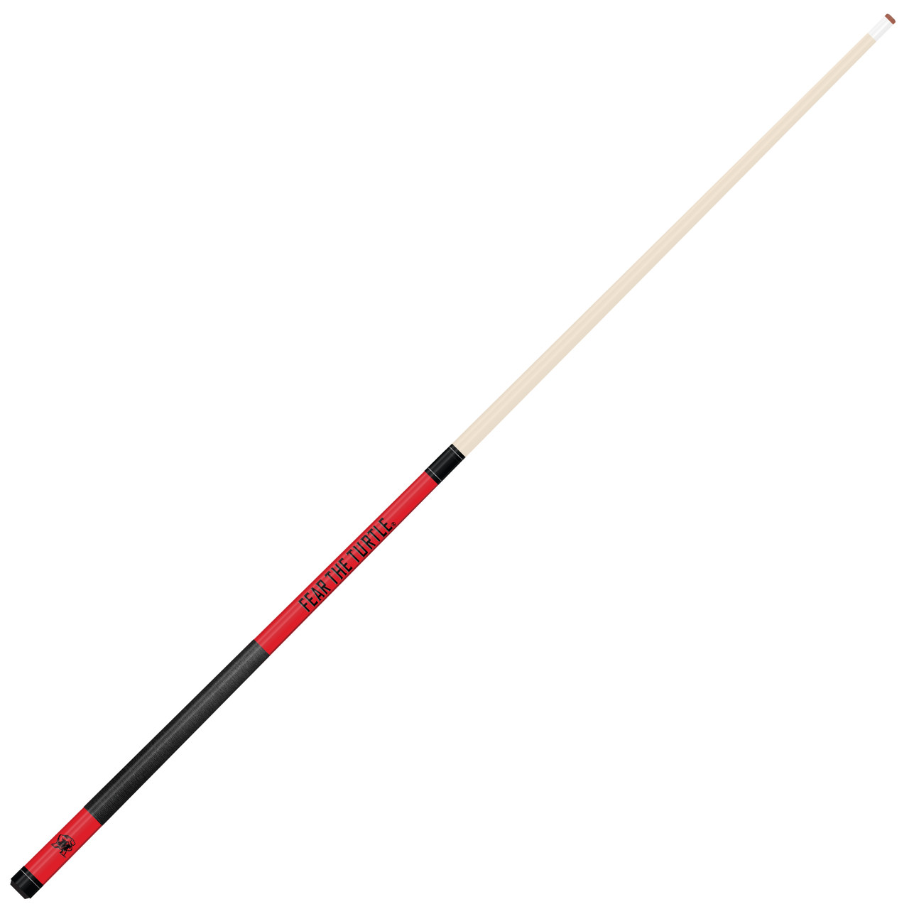 Angled full-length view of the Maryland Terrapins 19oz Team Color Laser Etched 58" Cue, highlighting its natural-colored shaft, Maryland team-color accents, dark grip, and two-piece construction.
