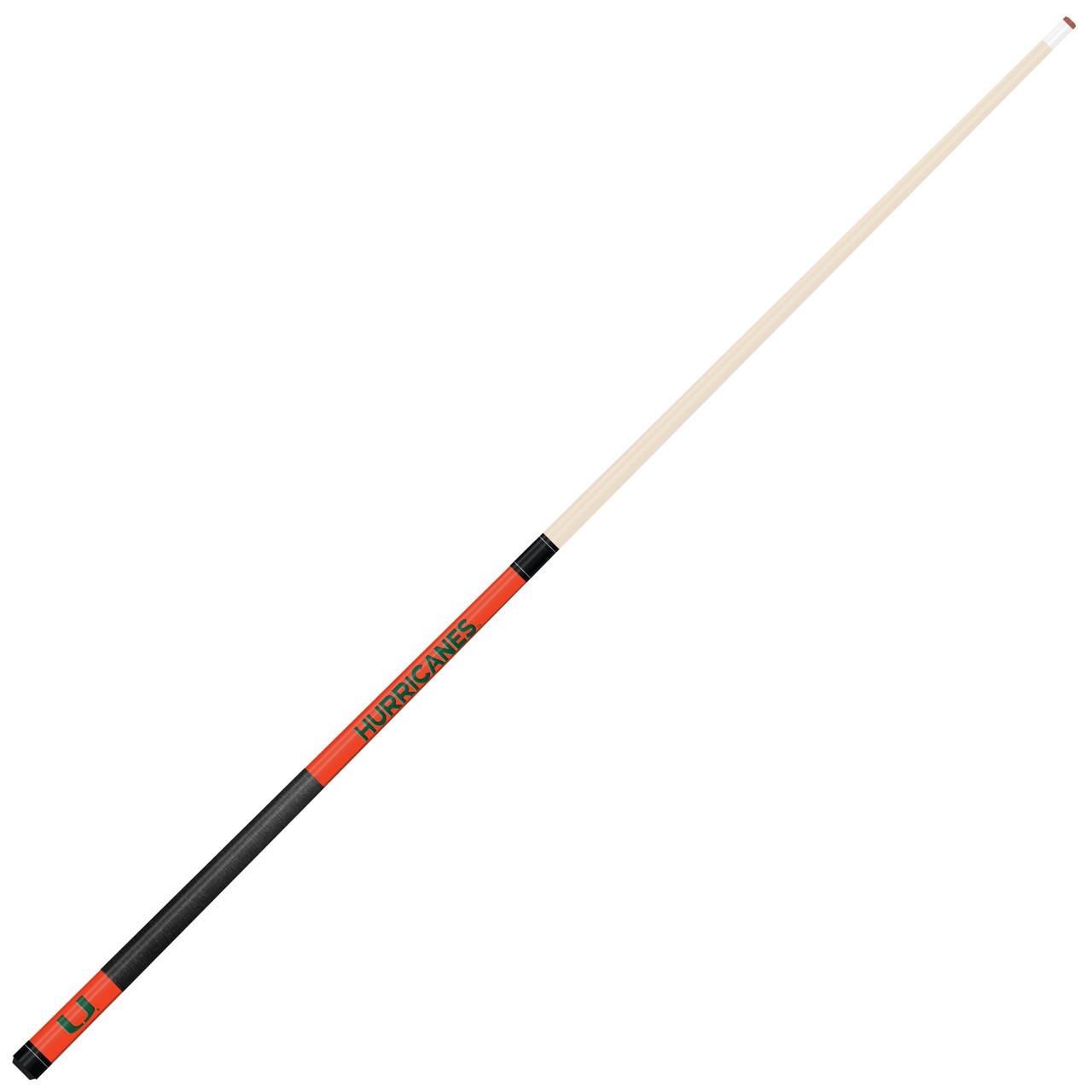 Angled full-length view of the Miami Hurricanes 19oz Team Color Laser Etched 58" Cue, highlighting its natural-colored shaft, orange and green accents, black grip, and two-piece construction.