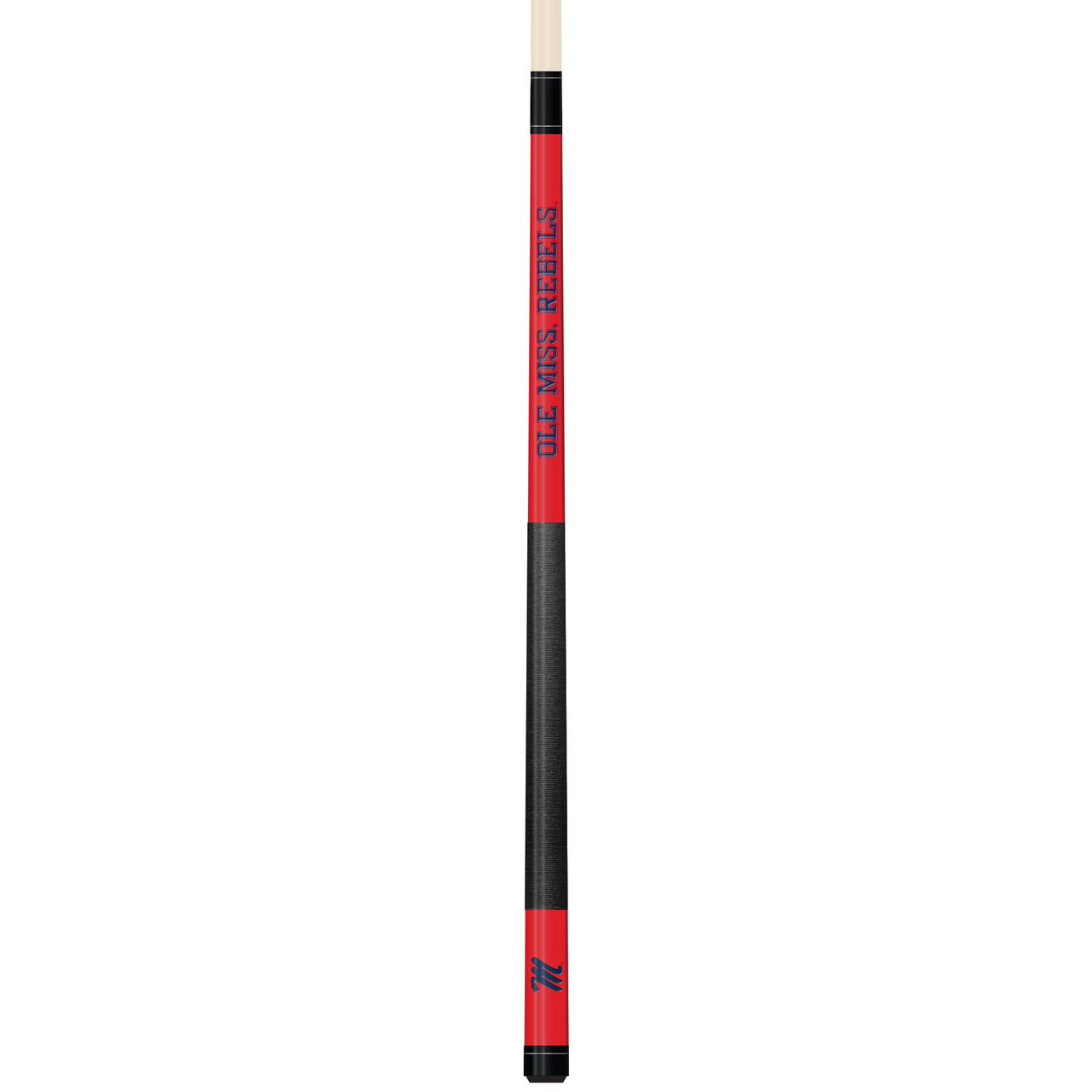 Vertical product view of the Ole Miss Rebels 19oz Team Color Laser Etched 58" Cue, showing its red team-color detailing, dark grip section, and laser-etched Ole Miss graphics.