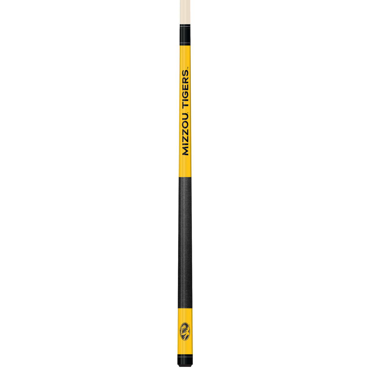 Vertical product view of the Missouri Tigers 19oz Team Color Laser Etched 58" Cue, showing its black and gold team-color detailing, dark grip section, and laser-etched Missouri graphics.