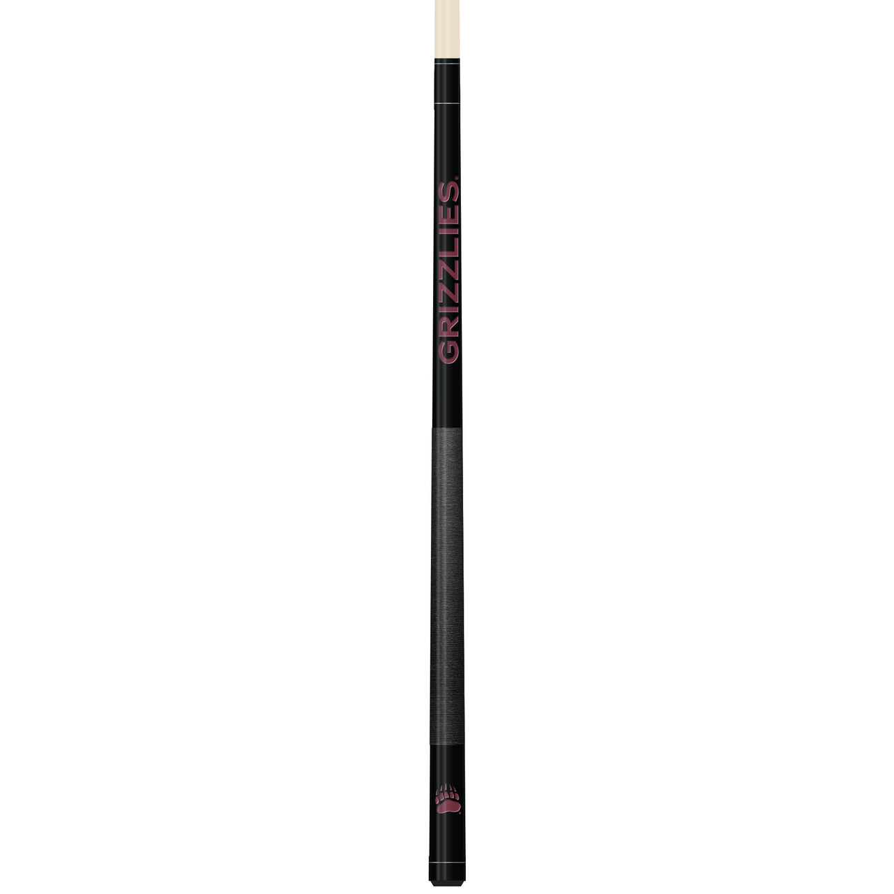 Vertical product view of the Montana Grizzlies 19oz Team Color Laser Etched 58" Cue, showing its dark team-color detailing, contrasting grip section, and laser-etched Montana graphics.