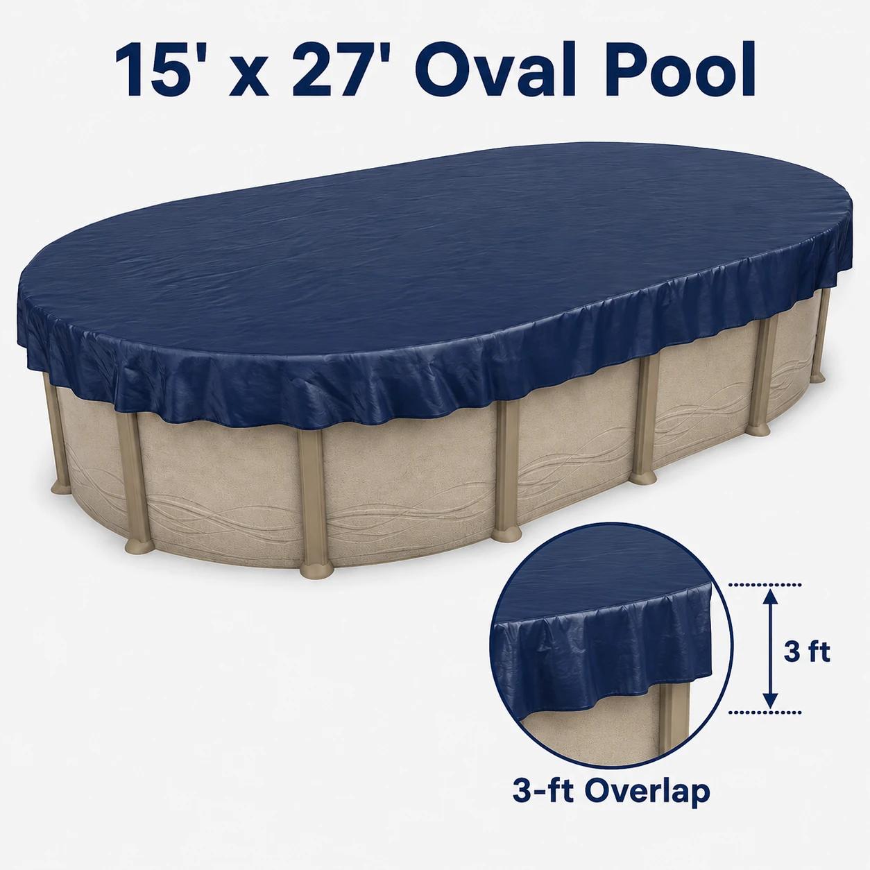 15' x 27' oval winter pool cover installed on an above-ground pool, highlighting the 3-foot cover overlap extending down from the pool’s top edge for secure seasonal installation.