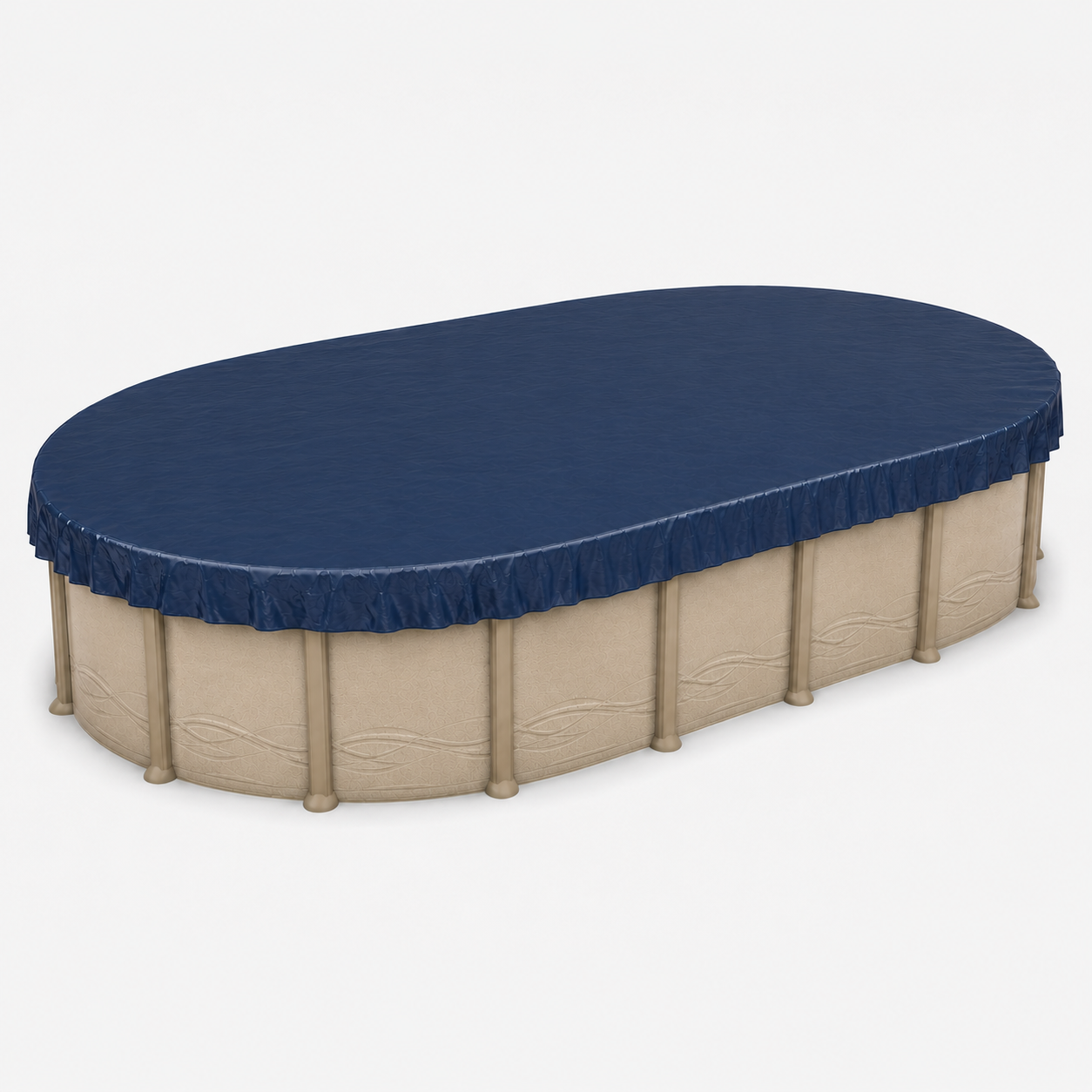 16' x 25' oval above-ground swimming pool with navy blue winter pool cover installed for seasonal protection from leaves, debris, precipitation, and winter weather.