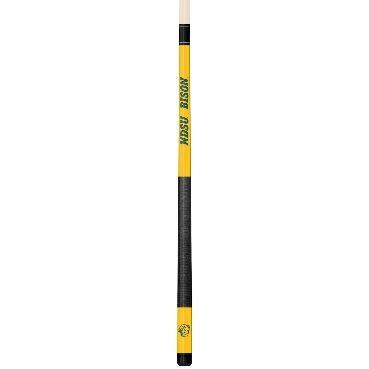 Vertical close-up view of the North Dakota State Bison 19oz Team Color Laser Etched Cue featuring green, gold, and black team-color styling with NDSU Bison detailing.