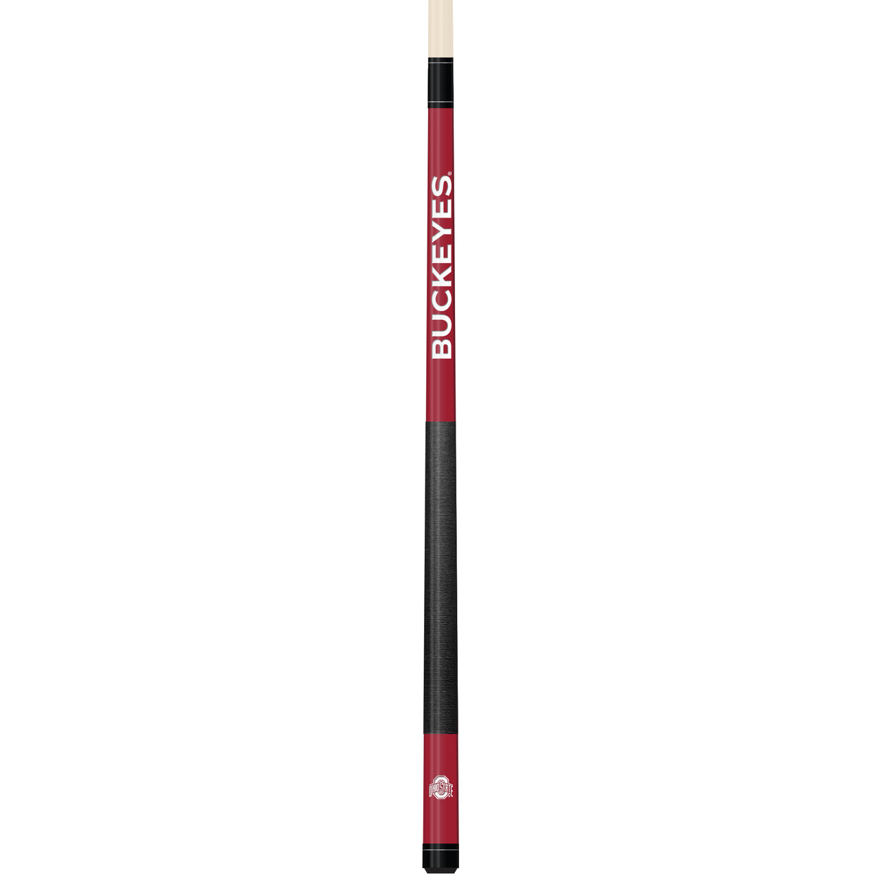 Vertical close-up view of the Ohio State Buckeyes 19oz Team Color Laser Etched Cue featuring bold red and black styling with Ohio State Buckeyes detailing along the cue butt.