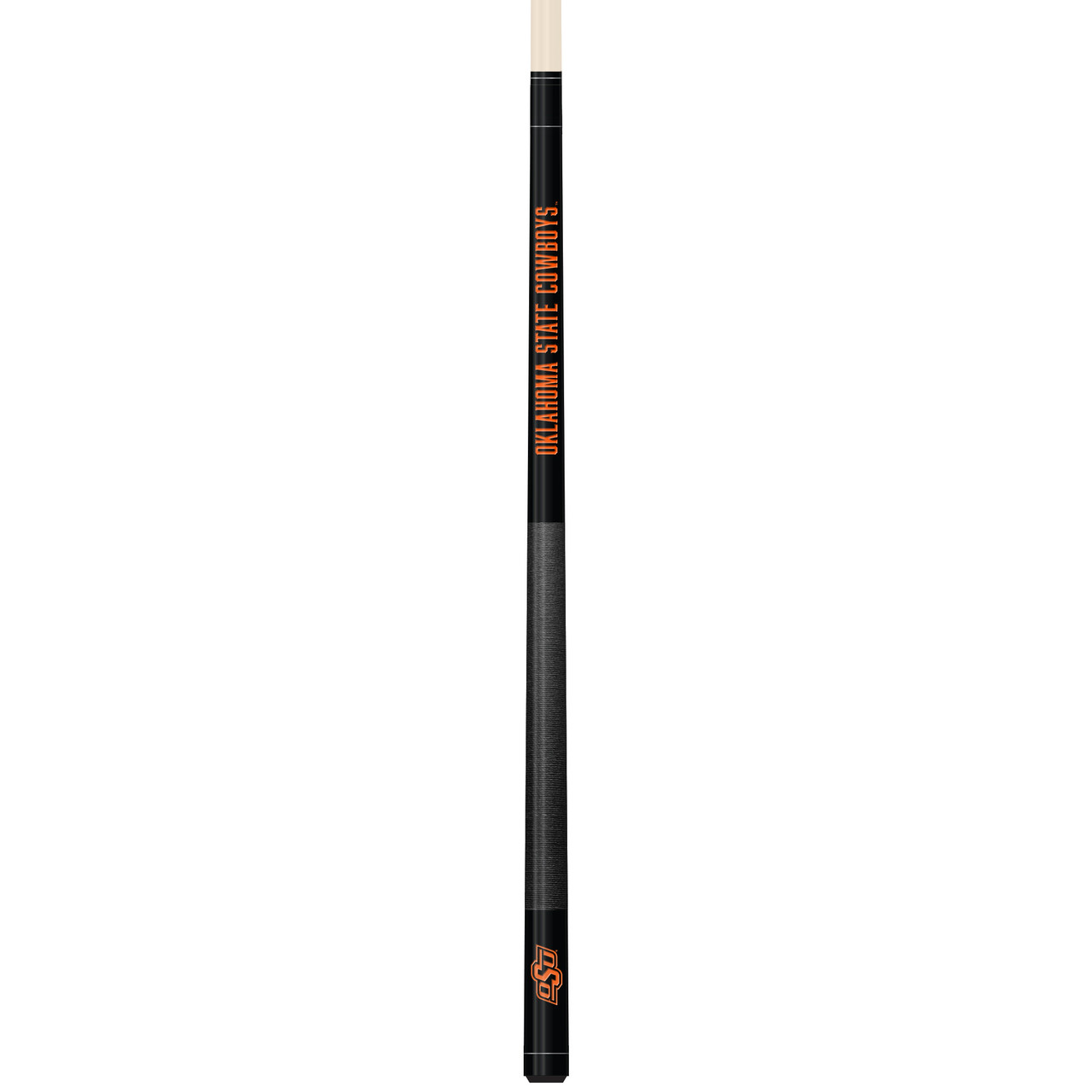 Vertical close-up view of the Oklahoma State Cowboys 19oz Team Color Laser Etched Cue featuring a bold black and orange butt design with Oklahoma State Cowboys detailing.
