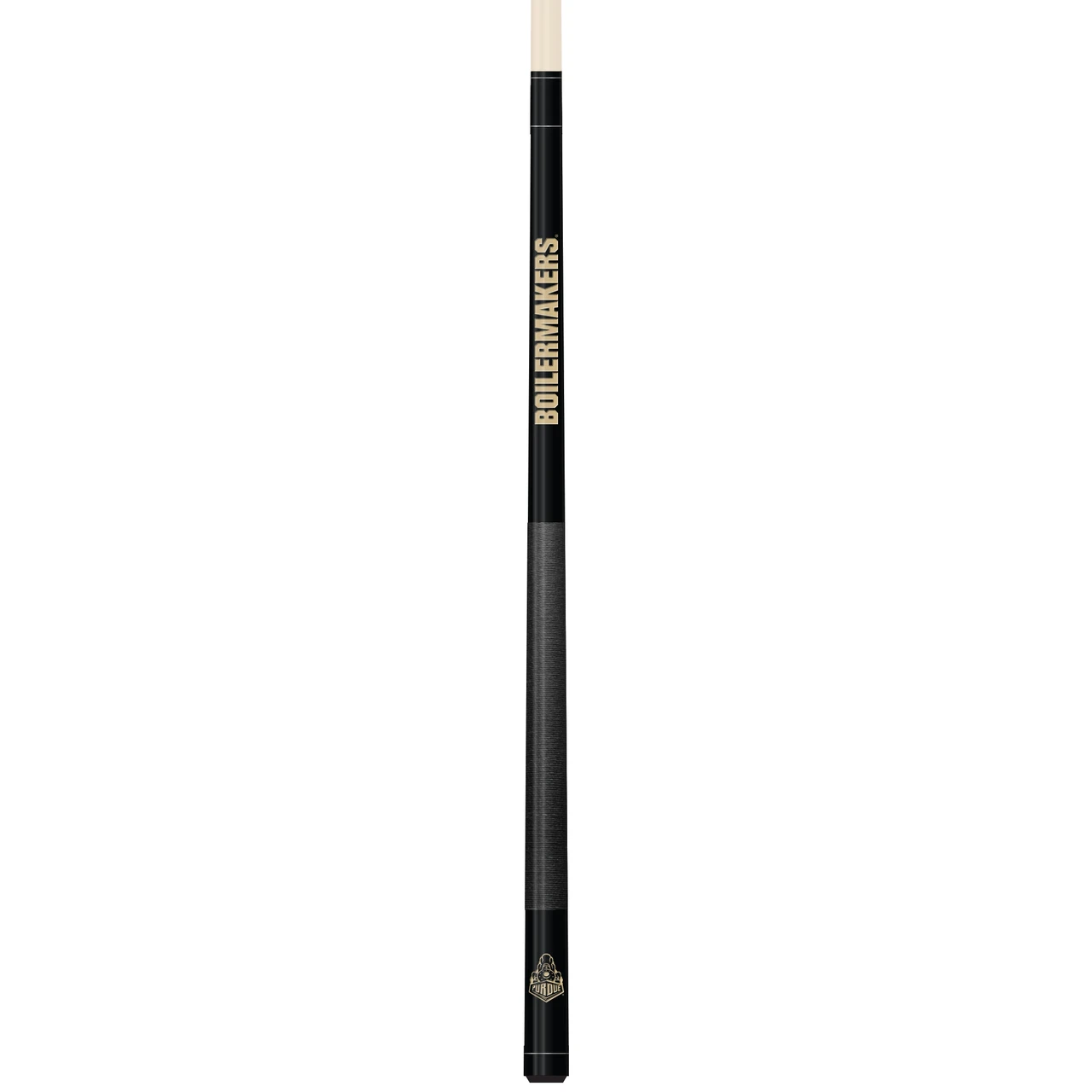 Vertical close-up view of the Purdue Boilermakers 19oz Team Color Laser Etched Cue featuring bold black and gold styling with Purdue Boilermakers detailing along the cue butt.