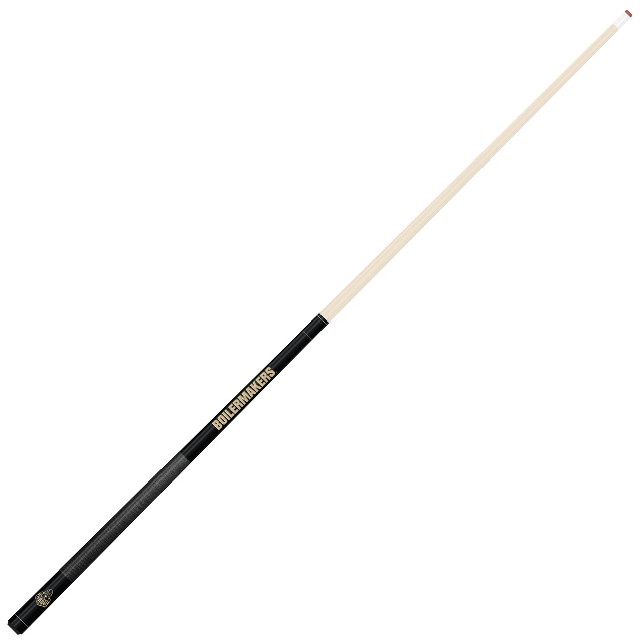 Full-length angled view of the Purdue Boilermakers 58-inch billiard cue showing the natural-finish shaft and contrasting black and gold team-color butt design.