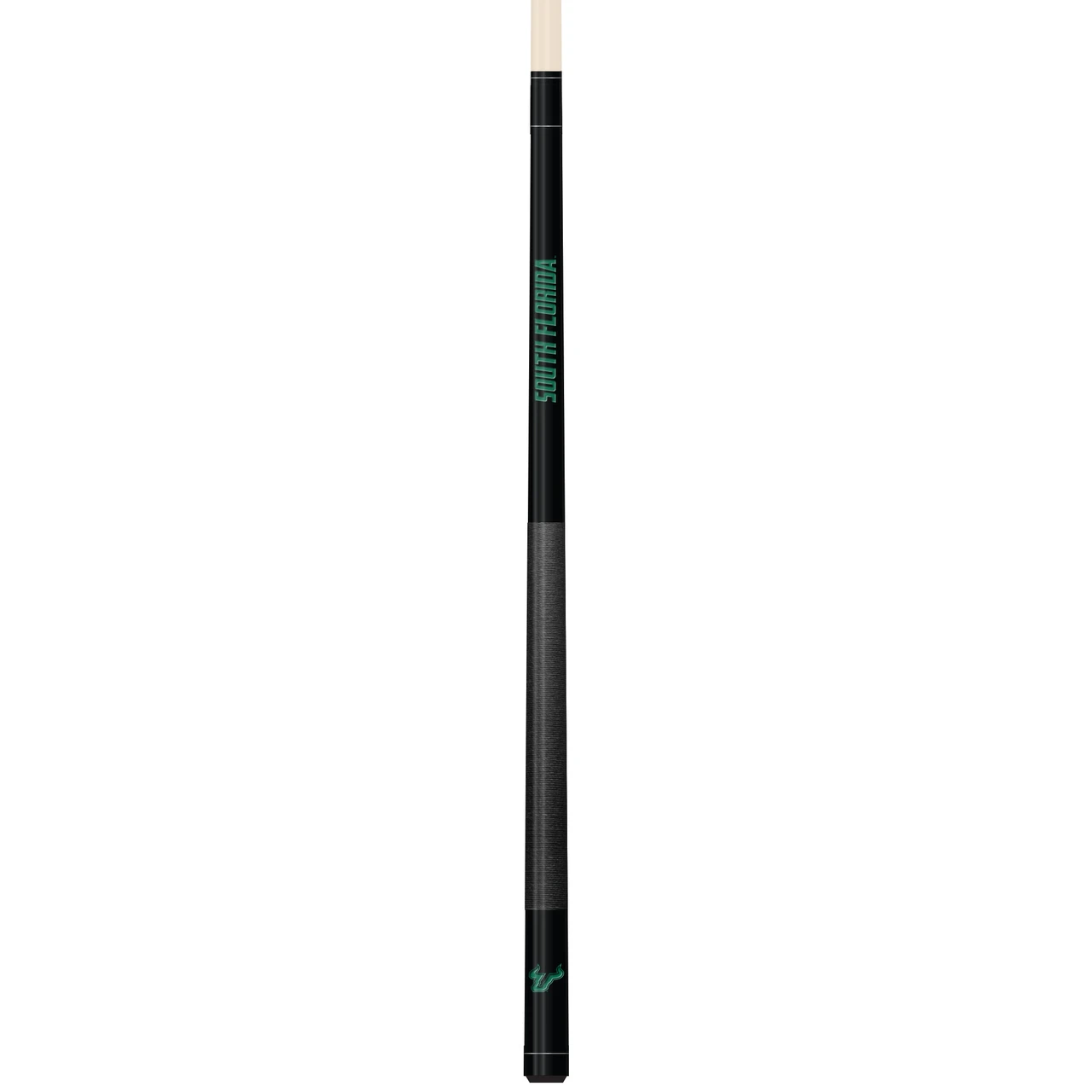 Vertical close-up view of the South Florida Bulls 19oz Team Color Laser Etched Cue featuring green, gold, and black team-color styling with USF Bulls detailing along the cue butt.