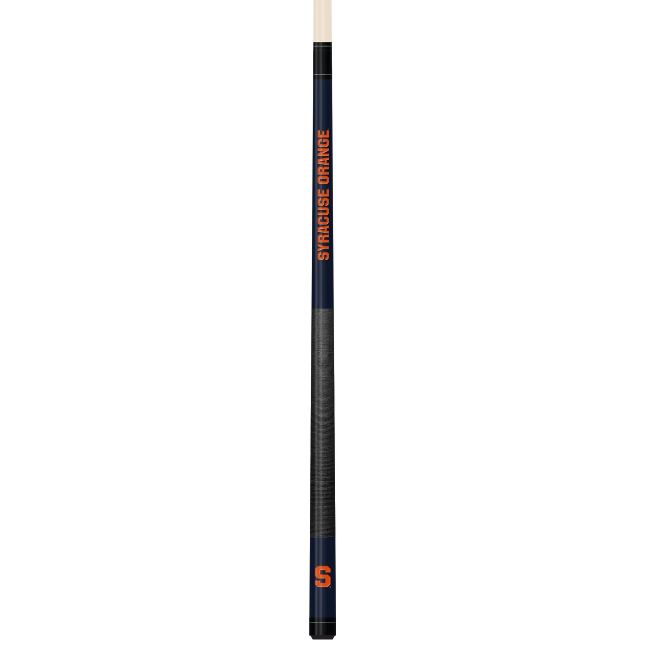Vertical close-up view of the Syracuse Orange 19oz Team Color Laser Etched Cue featuring orange, navy, and black team-color styling with Syracuse detailing along the cue butt.