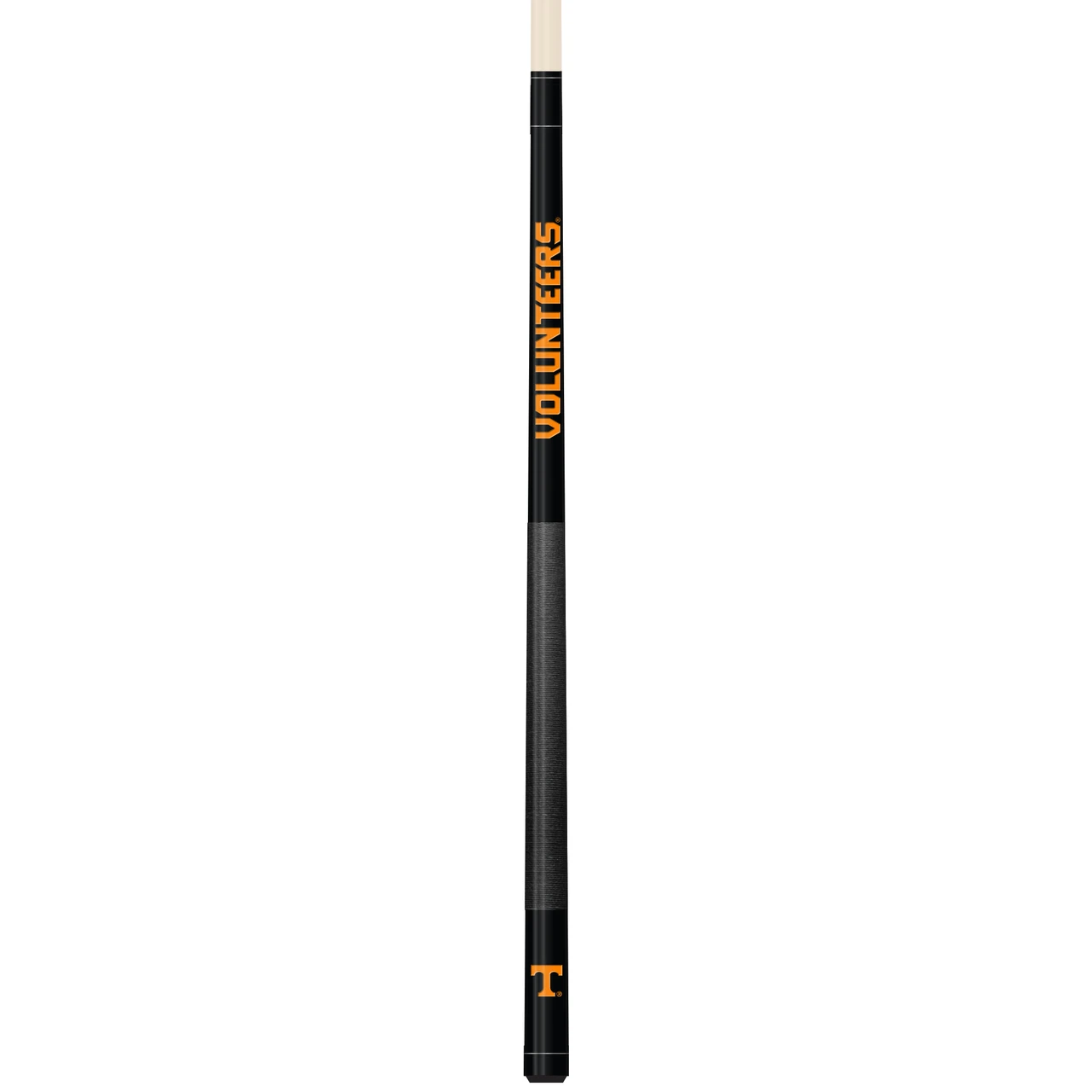 Vertical close-up view of the Tennessee Volunteers 19oz Team Color Laser Etched Cue featuring black and Tennessee orange team-color styling with Volunteers detailing along the cue butt.