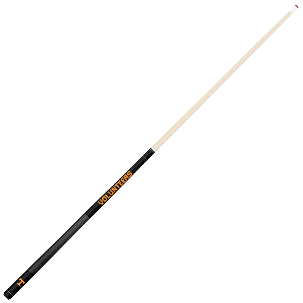 Full-length angled view of the Tennessee Volunteers 58-inch billiard cue showing the natural-finish shaft and contrasting black and orange team-color butt design.
