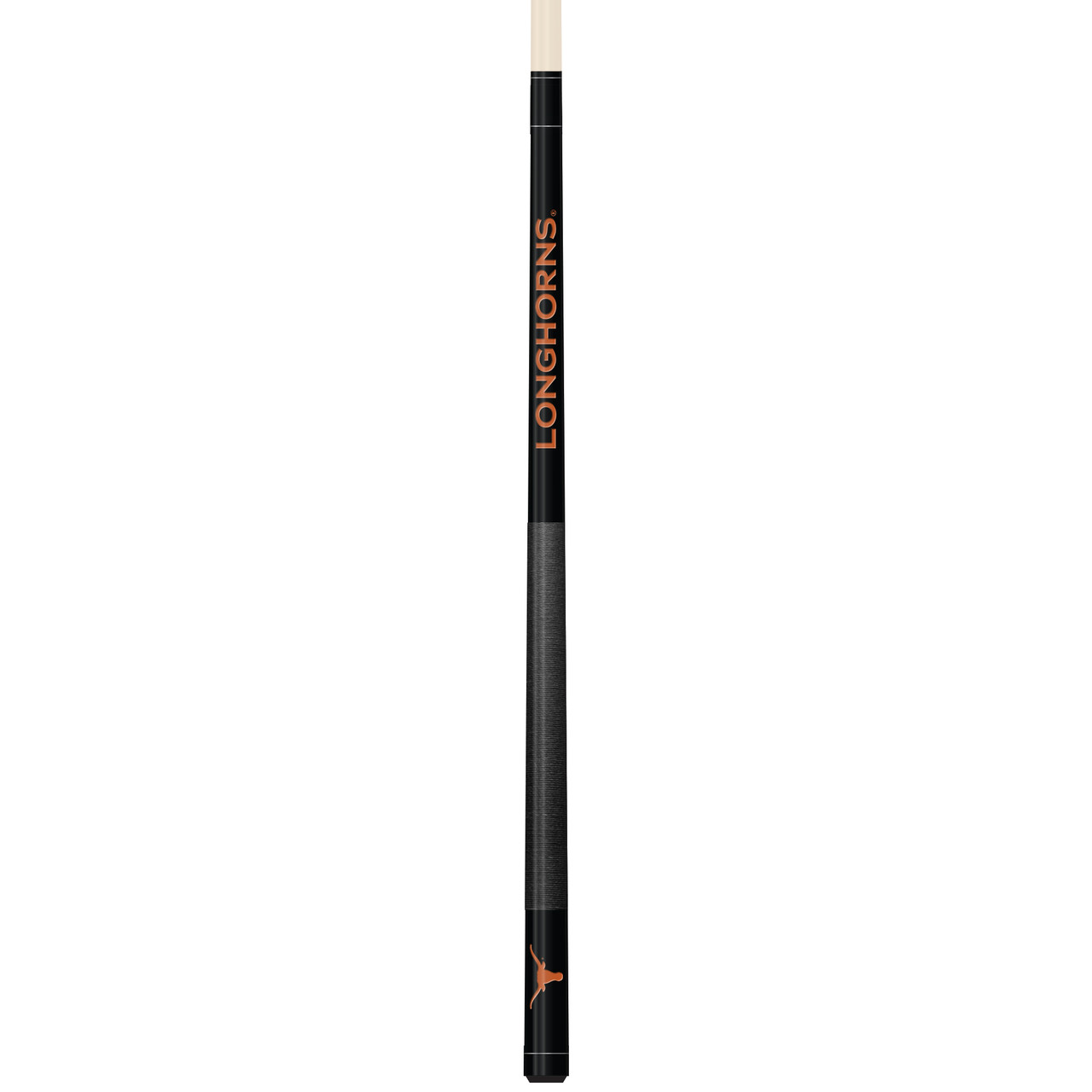 Vertical close-up view of the Texas Longhorns 19oz Team Color Laser Etched Cue featuring black and burnt orange team-color styling with Texas Longhorns detailing along the cue butt.