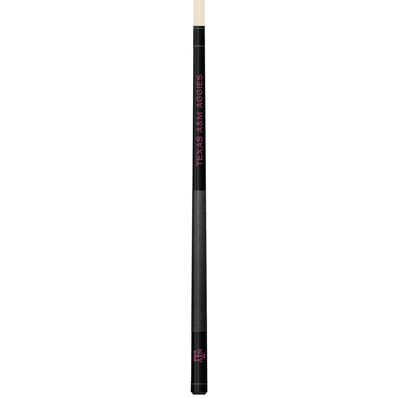 Vertical close-up view of the Texas A&M Aggies 19oz Team Color Laser Etched Cue featuring dark maroon and black team-color styling with Texas A&M Aggies detailing along the cue butt.