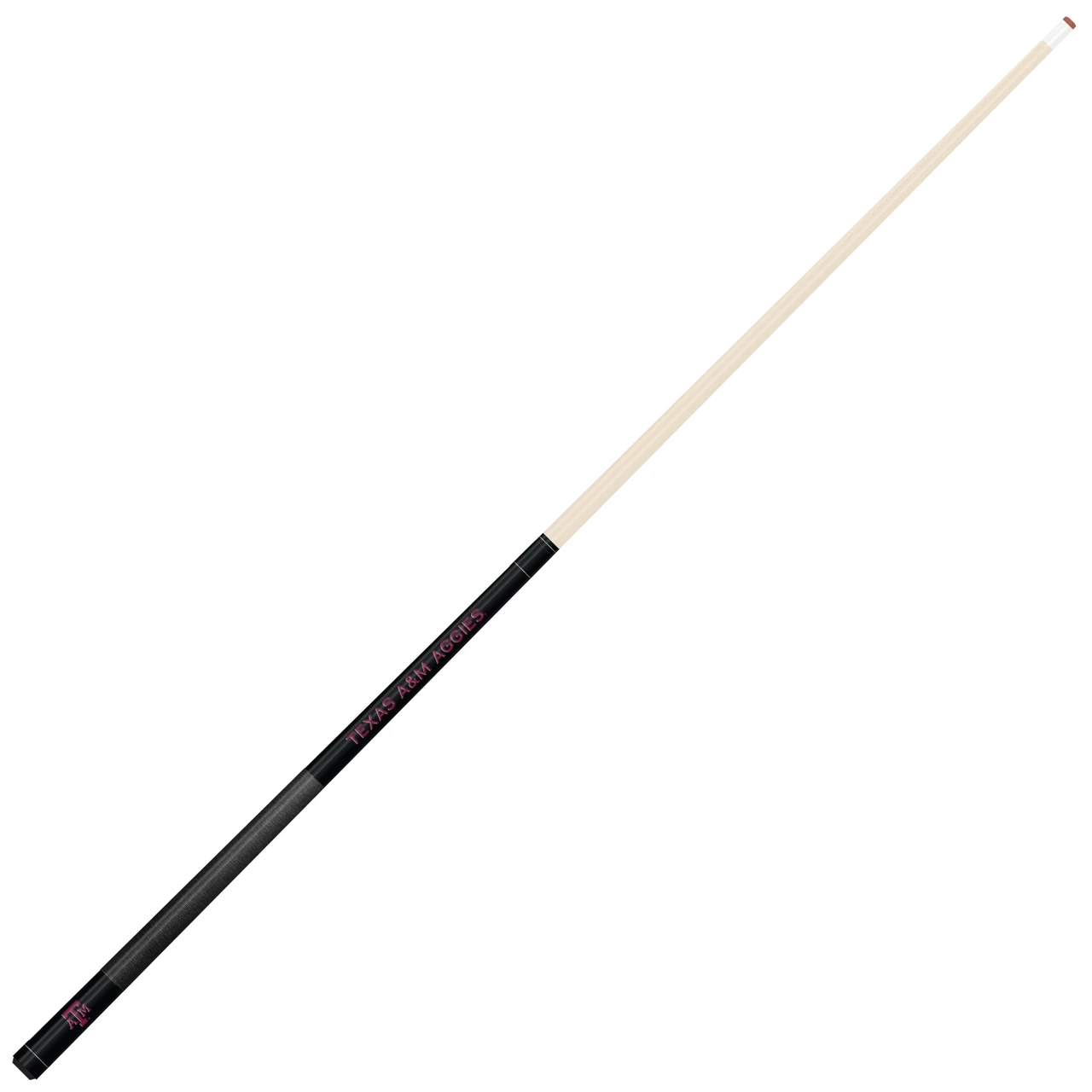 Full-length angled view of the Texas A&M Aggies 58-inch billiard cue showing the natural-finish shaft and contrasting maroon and black team-color butt design.