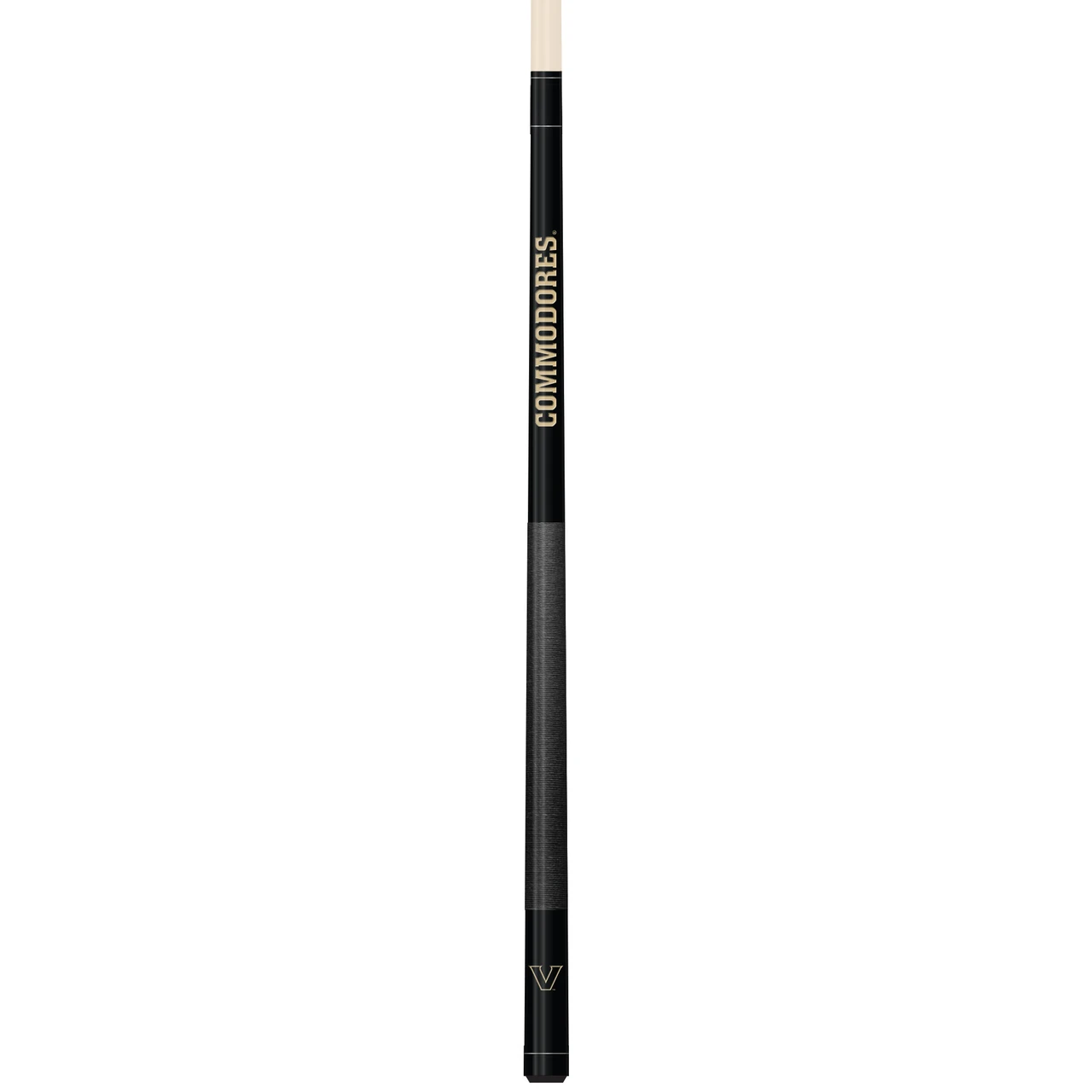 Vertical close-up view of the Vanderbilt Commodores 19oz Team Color Laser Etched Cue featuring black and gold team-color styling with Vanderbilt Commodores detailing along the cue butt.