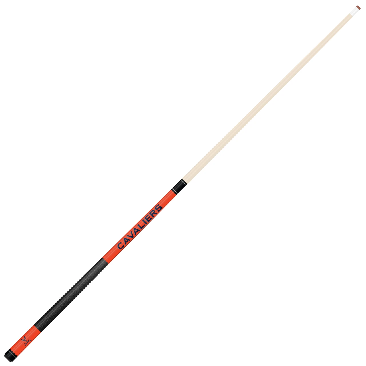 Full-length angled view of the Virginia Cavaliers 58-inch billiard cue showing the natural-finish shaft and contrasting orange and navy team-color butt design.