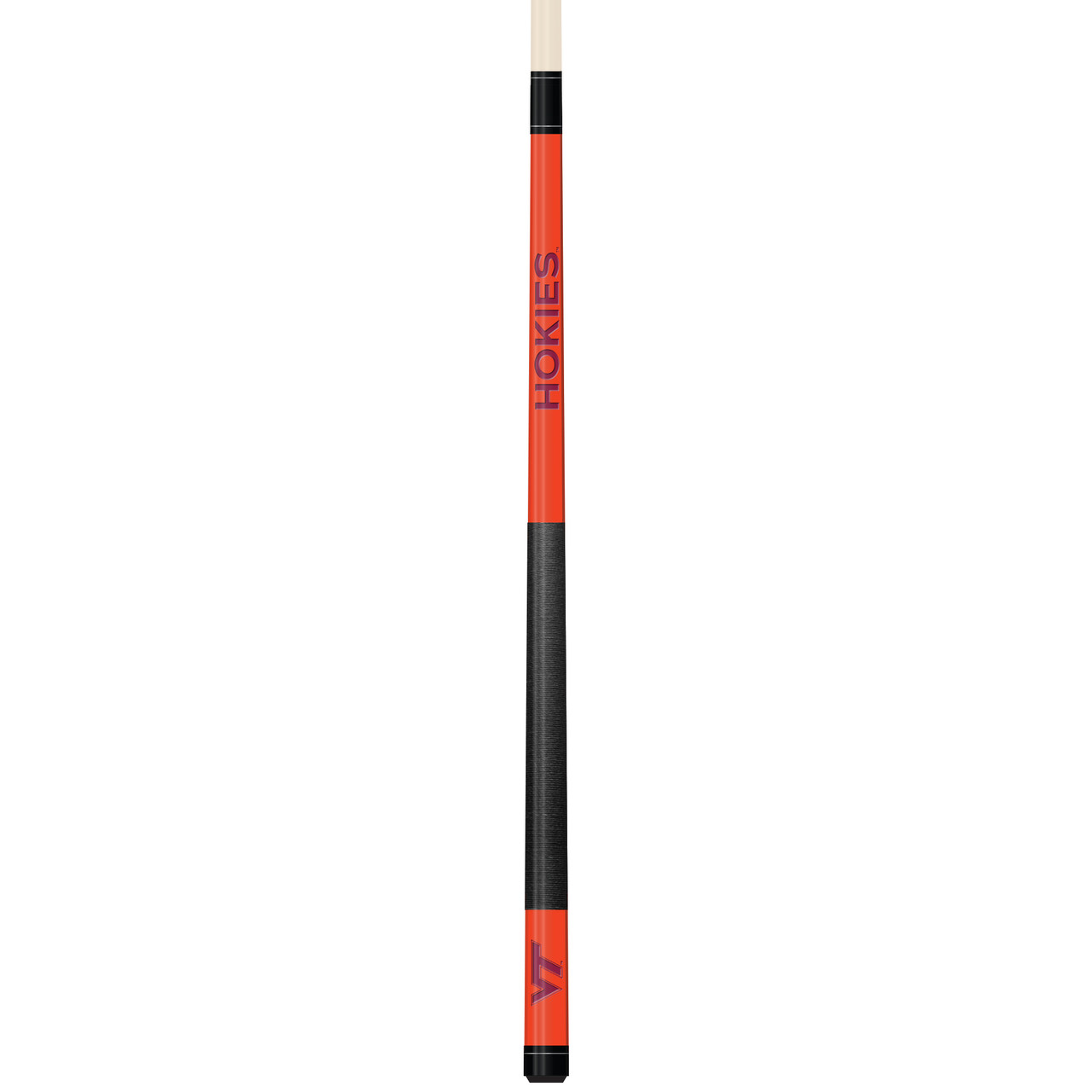 Vertical close-up view of the Virginia Tech Hokies 19oz Team Color Laser Etched Cue featuring maroon, orange, and black team-color styling with Virginia Tech Hokies detailing along the cue butt.