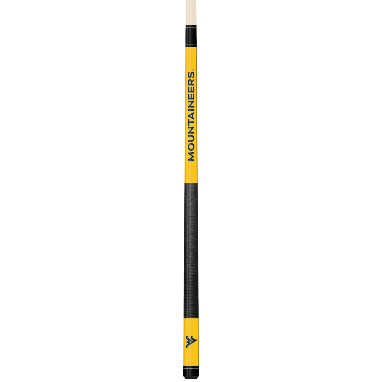 Vertical close-up view of the West Virginia Mountaineers 19oz Team Color Laser Etched Cue featuring gold, navy, and black team-color styling with West Virginia Mountaineers detailing along the cue butt.