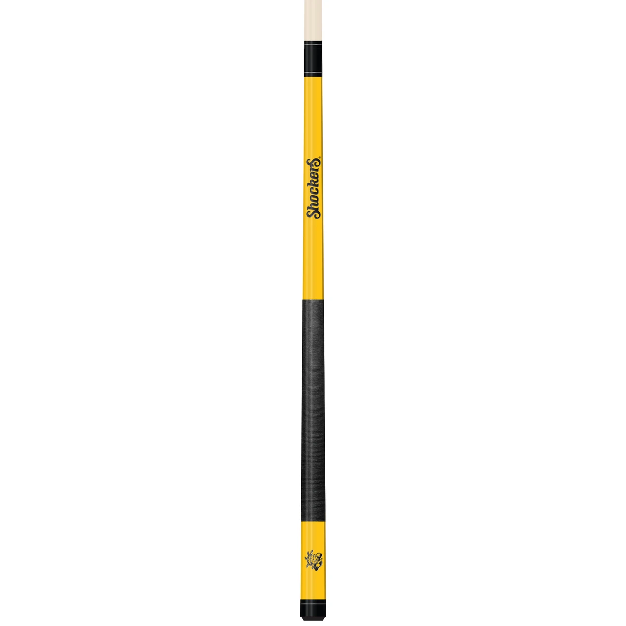 Vertical close-up view of the Wichita State Shockers 19oz Team Color Laser Etched Cue featuring black and gold team-color styling with Wichita State Shockers detailing along the cue butt.