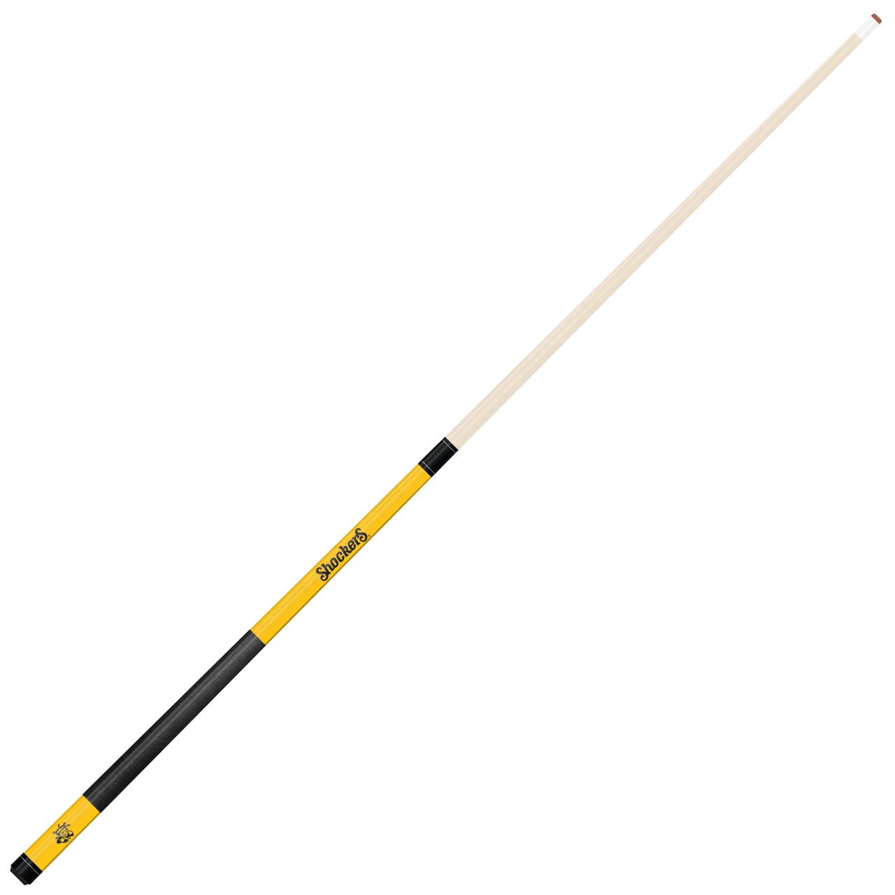 Full-length angled view of the Wichita State Shockers 58-inch billiard cue showing the natural-finish shaft and contrasting black and gold team-color butt design.