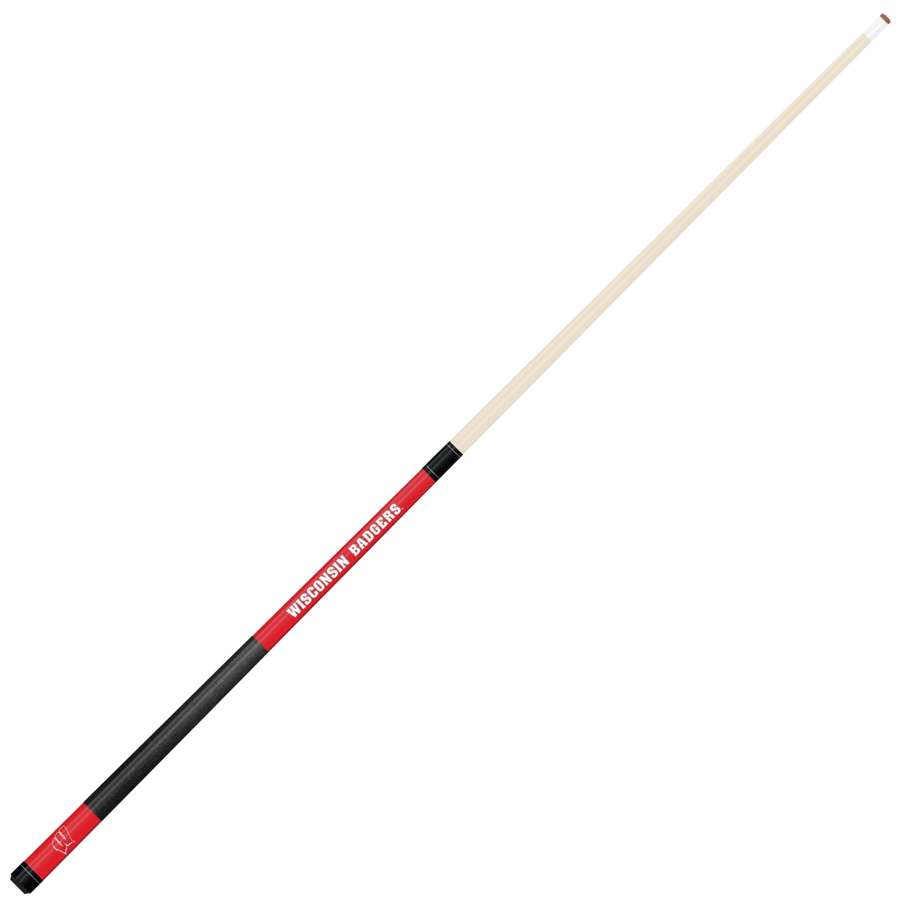 Full-length angled view of the Wisconsin Badgers 58-inch billiard cue showing the natural-finish shaft and contrasting red and black team-color butt design.