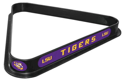 LSU Tigers billiard triangle featuring a black frame with purple and gold LSU Tigers lettering, team logos, and collegiate graphics, shown at an angle on a white background.