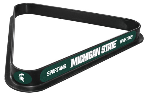 Michigan State Spartans billiard triangle featuring a black frame with green and white Michigan State lettering and Spartans team graphics, shown at an angle on a white background.