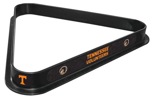 Tennessee Volunteers billiard triangle featuring a black frame with orange Tennessee lettering, Power T logos, and Volunteers team graphics, shown at an angle on a white background.