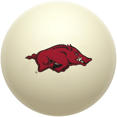 Arkansas Razorbacks cue ball featuring the iconic cardinal red Razorback hog logo on a classic ivory-colored billiard ball, displayed individually on a white background.