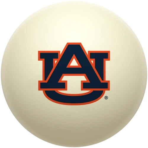 Auburn Tigers cue ball featuring the iconic interlocking AU logo in navy blue and orange on a classic ivory-colored billiard ball, displayed individually on a white background.