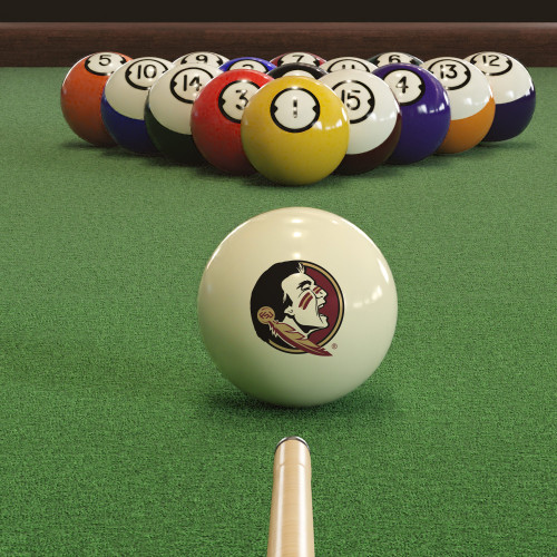 Florida State Seminoles cue ball positioned on green pool table felt in front of a racked set of billiard balls, featuring the Florida State Seminoles logo with a pool cue lined up for the break.