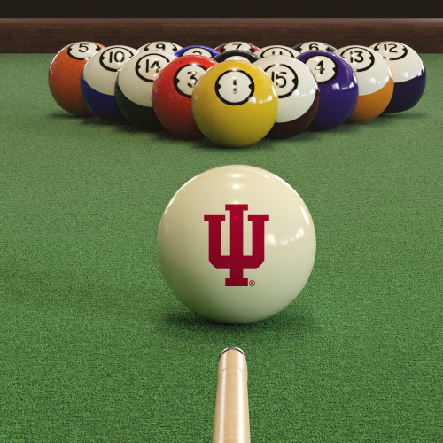 Indiana Hoosiers cue ball positioned on green pool table felt in front of a racked set of billiard balls, featuring the crimson IU logo with a pool cue lined up for the break.