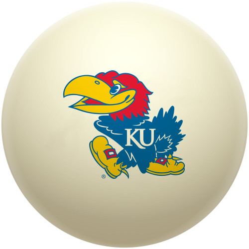 Kansas Jayhawks cue ball featuring the colorful blue, red, and yellow Jayhawk logo on a classic ivory-colored billiard ball, displayed individually on a white background.