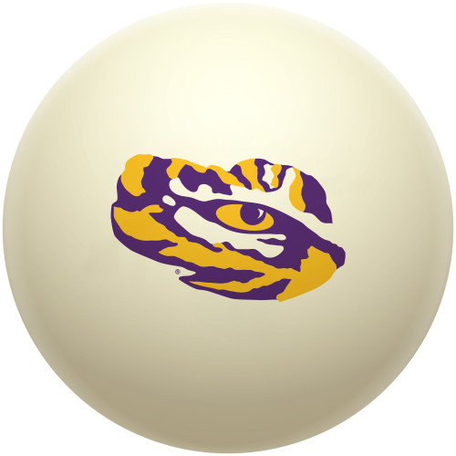 LSU Tigers cue ball featuring the purple and gold LSU Tiger head logo on a classic ivory-colored billiard ball, displayed individually on a white background.
