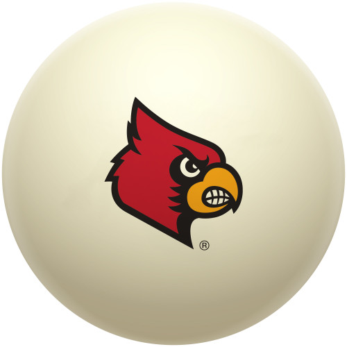 Louisville Cardinals cue ball featuring the red, black, white, and gold Cardinal bird logo on a classic ivory-colored billiard ball, displayed individually on a white background.